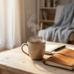 Eine Tasse Tee, ein Notizbuch und eine Pflanze im Sonnenlicht als Symbol für Selbstfürsorge.