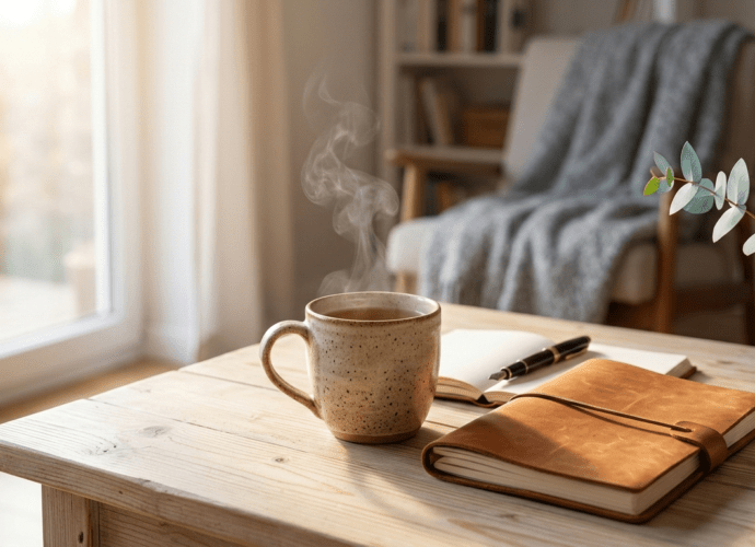 Eine Tasse Tee, ein Notizbuch und eine Pflanze im Sonnenlicht als Symbol für Selbstfürsorge.