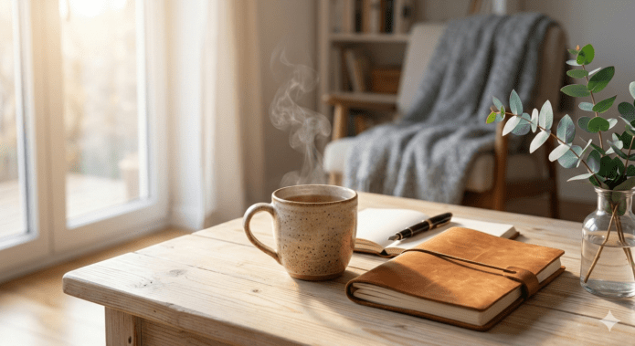 Eine Tasse Tee, ein Notizbuch und eine Pflanze im Sonnenlicht als Symbol für Selbstfürsorge.