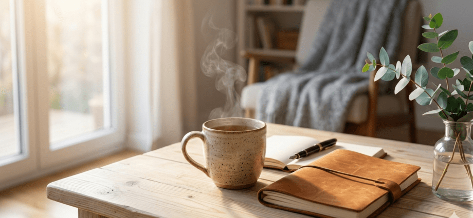 Eine Tasse Tee, ein Notizbuch und eine Pflanze im Sonnenlicht als Symbol für Selbstfürsorge.