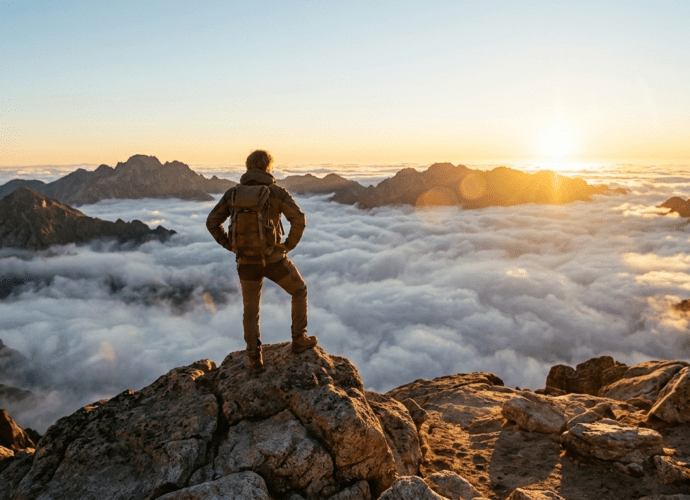 Eine Person steht siegreich auf einem Berggipfel über dem Nebel bei Sonnenaufgang als Symbol für die 5 Schritte aus dem Tief.