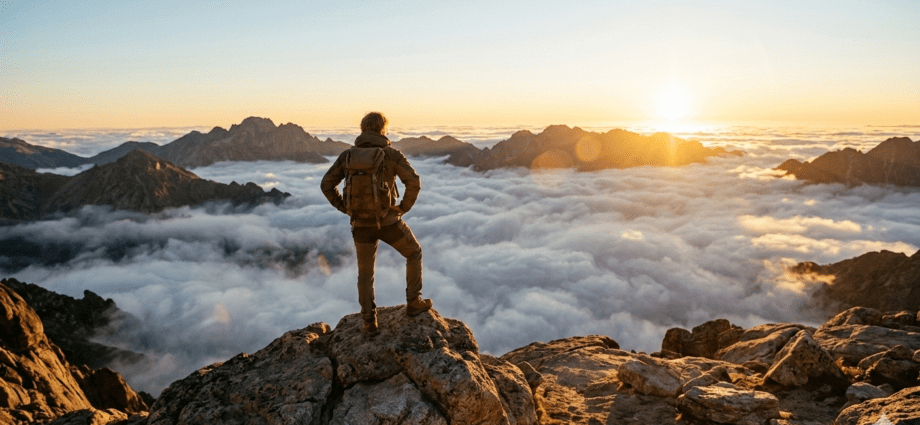 Eine Person steht siegreich auf einem Berggipfel über dem Nebel bei Sonnenaufgang als Symbol für die 5 Schritte aus dem Tief.