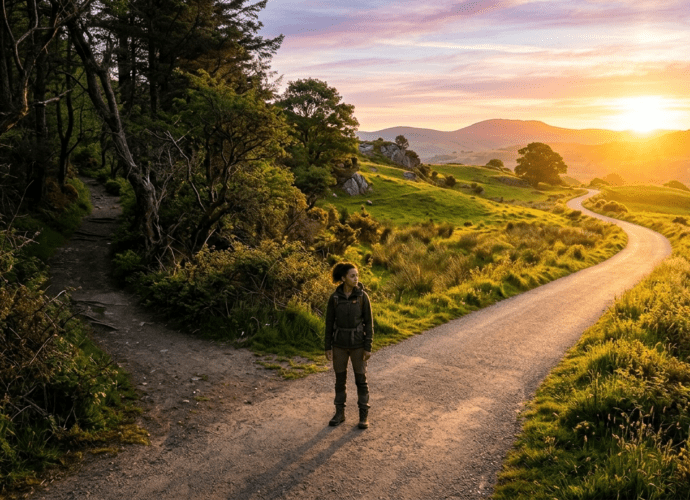Ein Mensch steht an einer Weggabelung zwischen einer alten, dunklen Routine und einem neuen, hellen Lebensweg. Dieses Bild steht für Gewohnheiten überwinden.