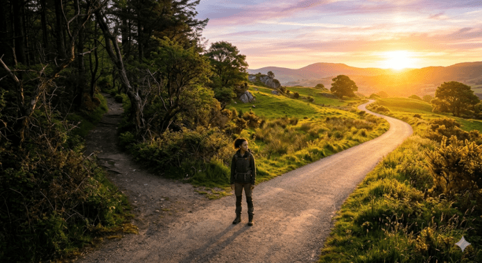 Ein Mensch steht an einer Weggabelung zwischen einer alten, dunklen Routine und einem neuen, hellen Lebensweg. Dieses Bild steht für Gewohnheiten überwinden.