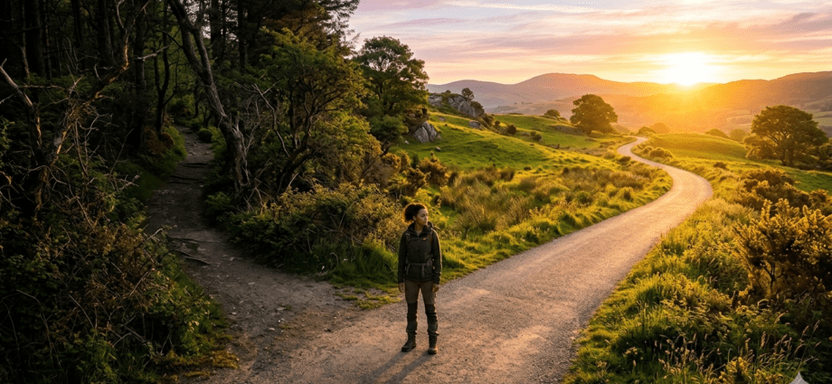 Ein Mensch steht an einer Weggabelung zwischen einer alten, dunklen Routine und einem neuen, hellen Lebensweg. Dieses Bild steht für Gewohnheiten überwinden.