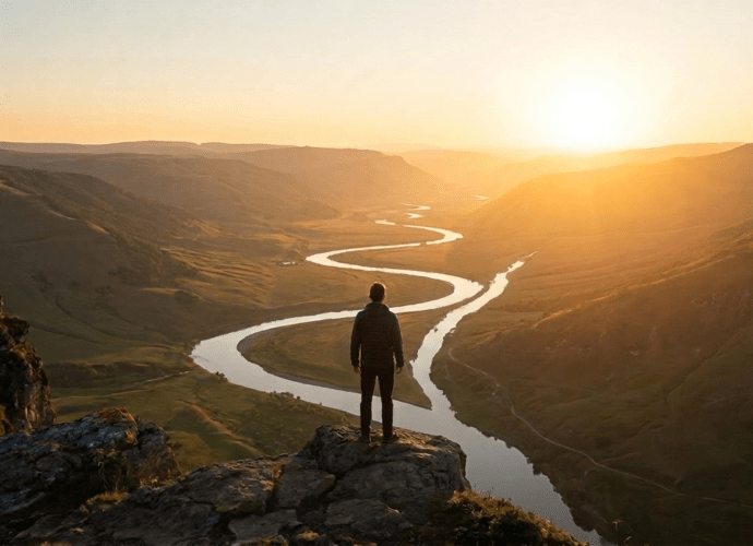 Eine Person blickt bei Sonnenaufgang hoffnungsvoll in die Weite, um eine Trennung zu überwinden.