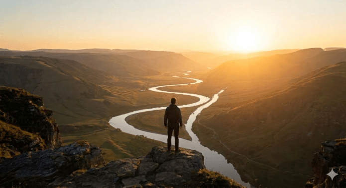 Eine Person blickt bei Sonnenaufgang hoffnungsvoll in die Weite, um eine Trennung zu überwinden.