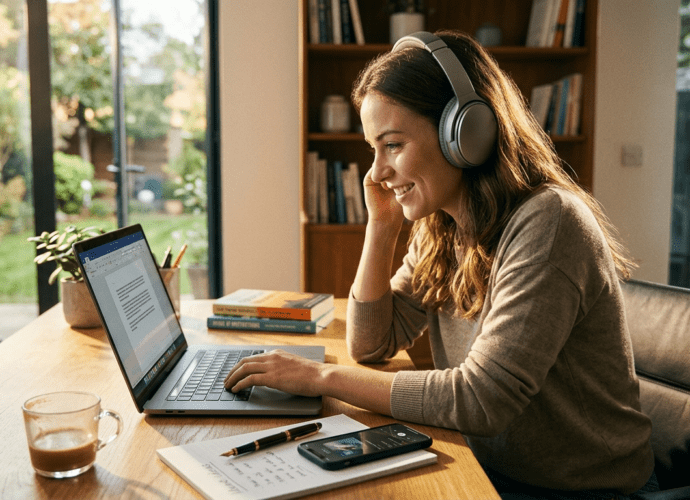 Motivation und Musik: Eine Frau arbeitet konzentriert mit Kopfhörern im modernen Büro bei Sonnenlicht