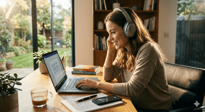 Motivation und Musik: Eine Frau arbeitet konzentriert mit Kopfhörern im modernen Büro bei Sonnenlicht