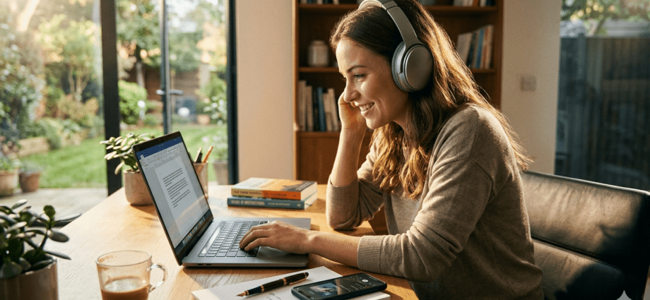 Motivation und Musik: Eine Frau arbeitet konzentriert mit Kopfhörern im modernen Büro bei Sonnenlicht