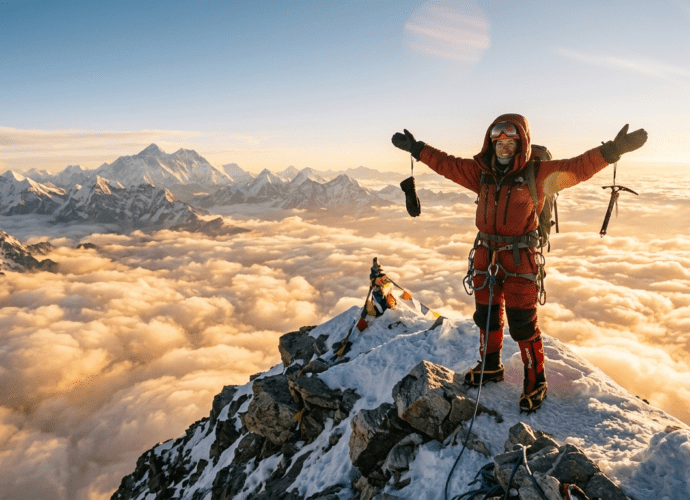 Eine Person feiert den Erfolg auf einem Berggipfel bei Sonnenaufgang – Visualisiere das Erreichen deines Ziels
