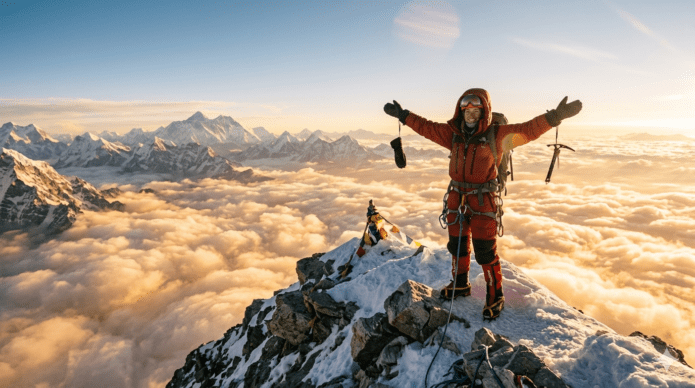 Eine Person feiert den Erfolg auf einem Berggipfel bei Sonnenaufgang – Visualisiere das Erreichen deines Ziels