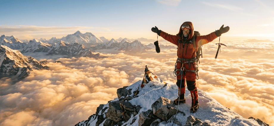 Eine Person feiert den Erfolg auf einem Berggipfel bei Sonnenaufgang – Visualisiere das Erreichen deines Ziels